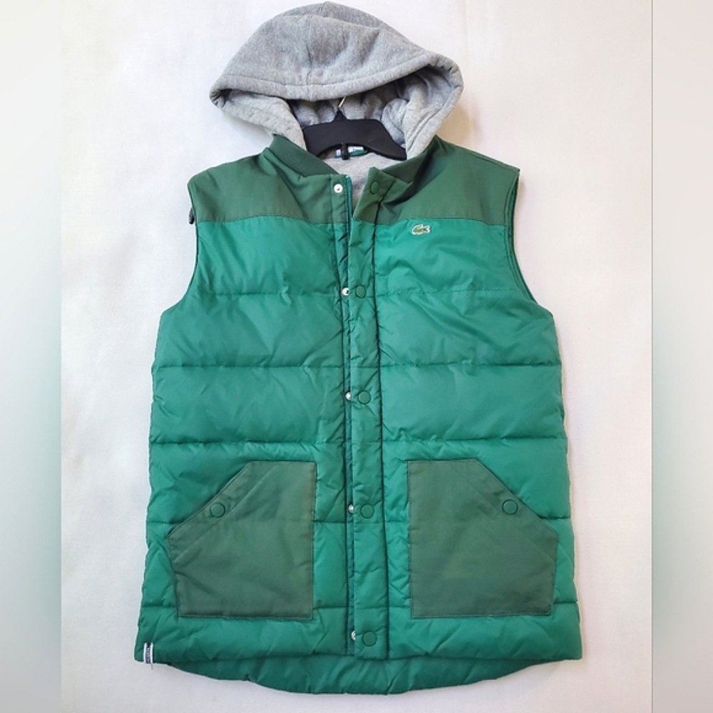 NWOT$159 LACOSTE France Green Puffer Hooded Vest Full Zip Sz 16 Boys